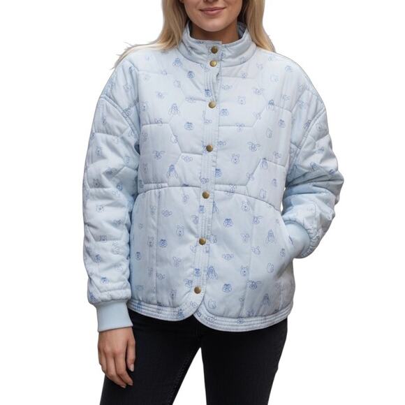 Disney Winnie the Pooh Light Blue Quilted Cotton Women's Snap Front Jacket L - Picture 1 of 10